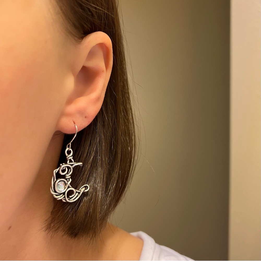 Handmade Moonstone & Antique Silver Wire Crescent Moon and Sun Dangle Earrings - Picture 3 of 5